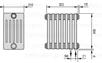 Схема (чертеж) Радиатор Zehnder Charleston 6050/7 №5510 Белый глянцевый RAL 9016